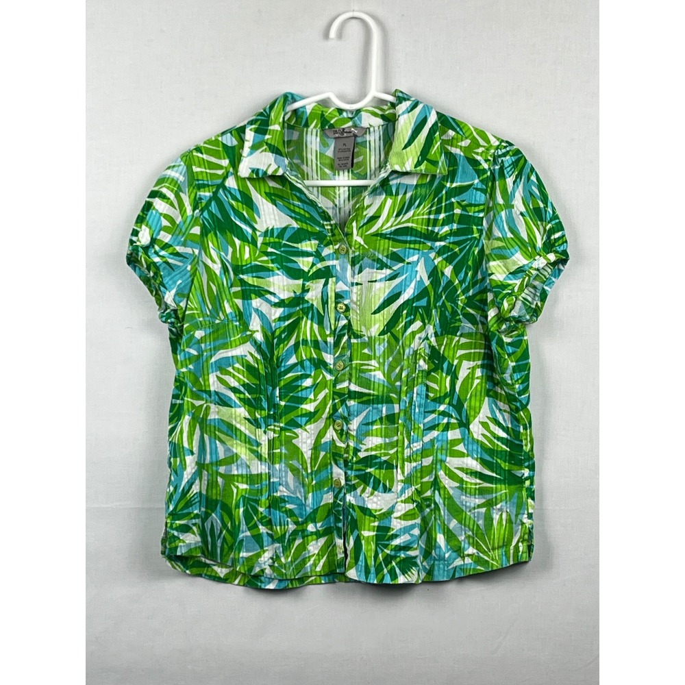 IB Diffusion Petite Blouse Womens PL Green Blue Tropical Palm Leaf Print Top